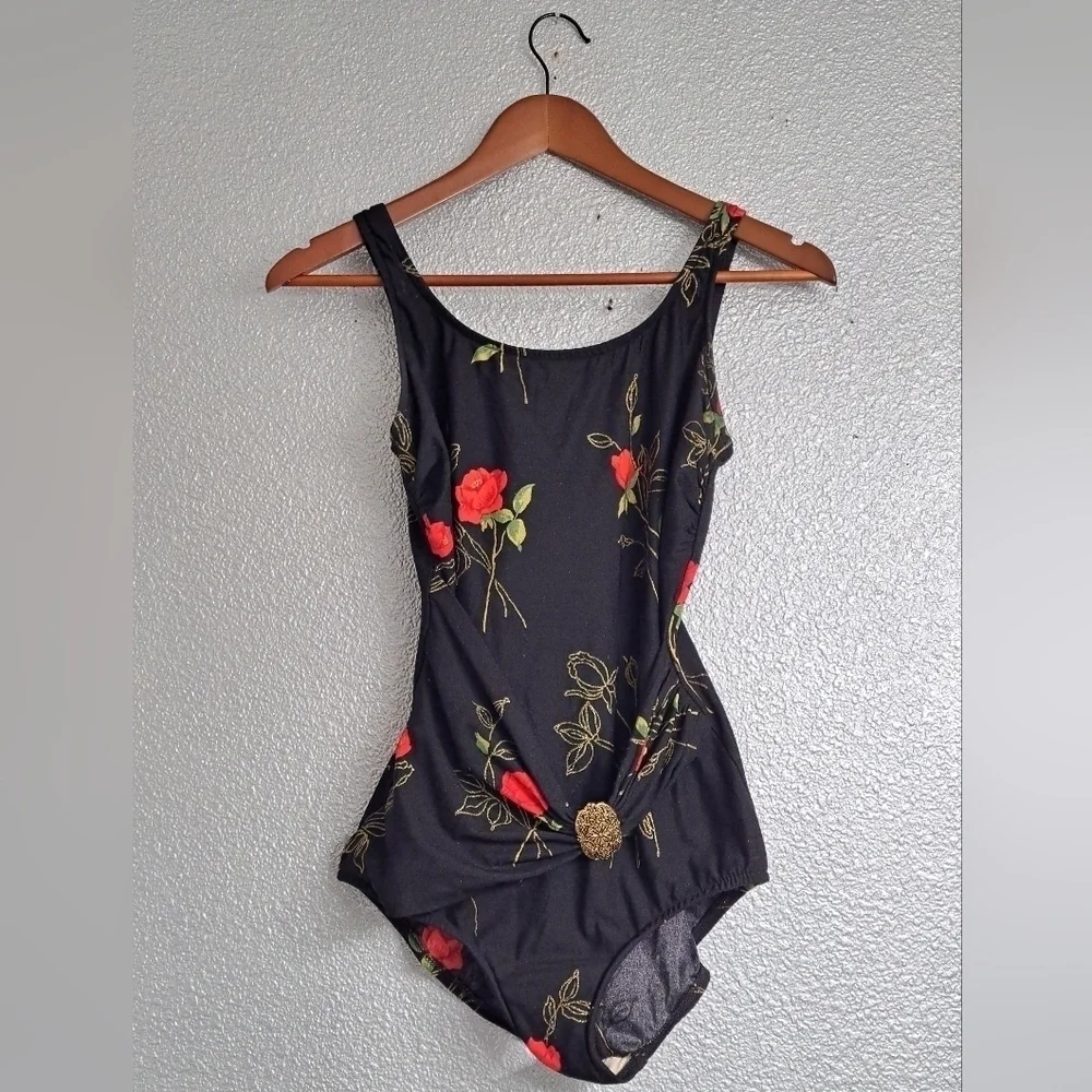 Roxanne Black One Piece Swim Suit With Red Roses Size 12(34D)